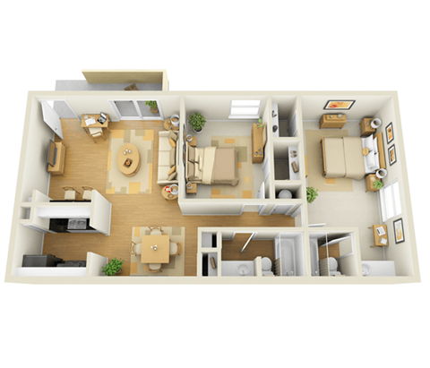 Floor plan for 2 beds, 2 baths, 990 sqft
